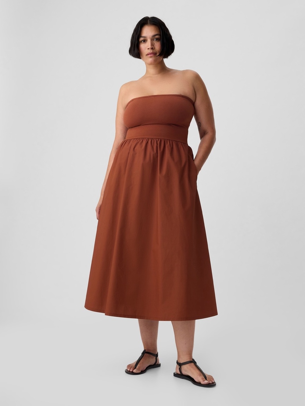 GAP NWT XXL Convertible Mixed Media Midi Dress in Smoked Paprika Brown Strapless